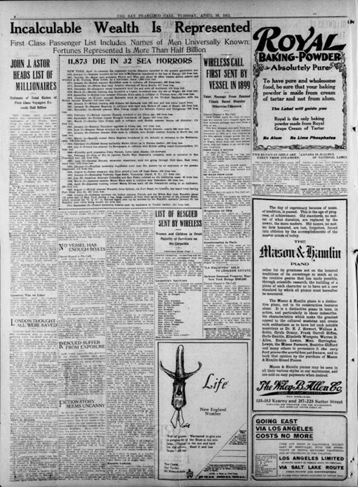 The San Francisco Call du 16/04/1912